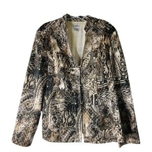 Chico’s cream brown silk floral office boho preppy lightweight blazer large